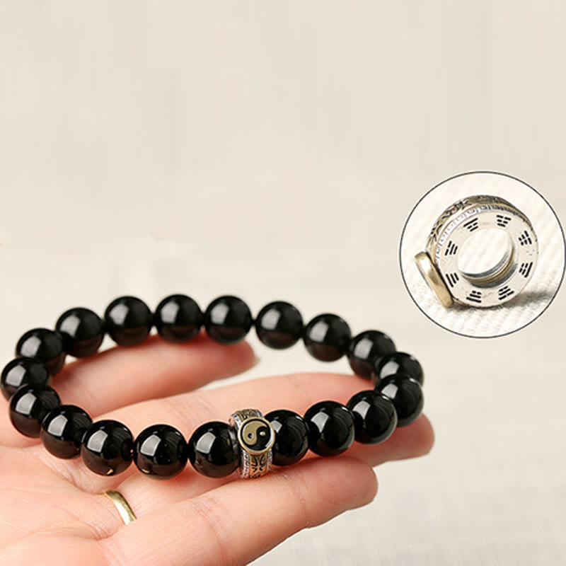 Fortune Jewel Black Obsidian Yin Yang Nine-Character Mantra Fulfilment Bracelet