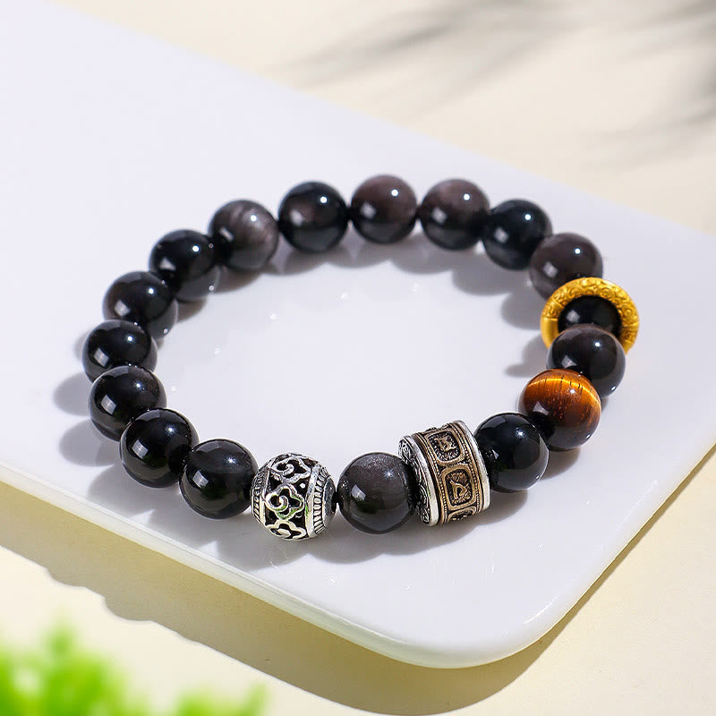 Fortune Jewel Silver Sheen Obsidian Tiger Eye Om Mani Padme Hum Protection Bracelet