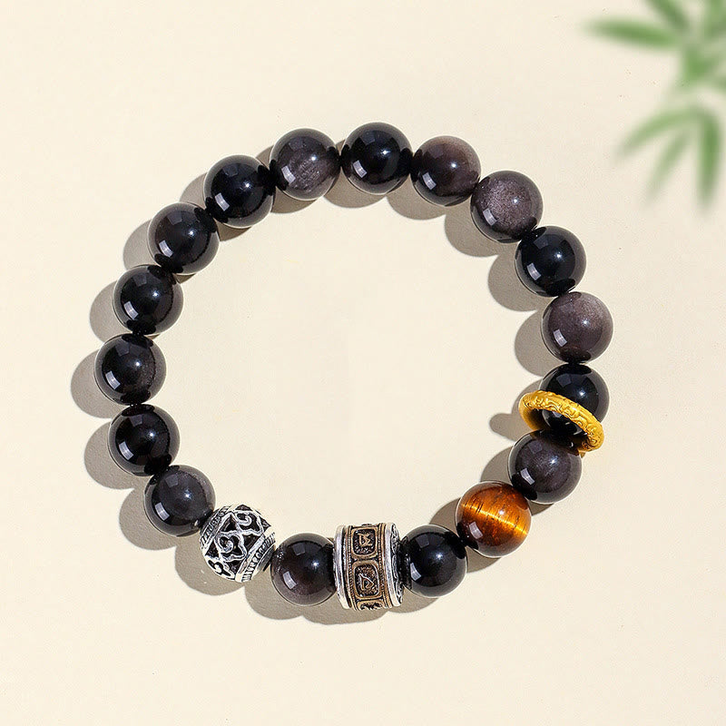 Fortune Jewel Silver Sheen Obsidian Tiger Eye Om Mani Padme Hum Protection Bracelet