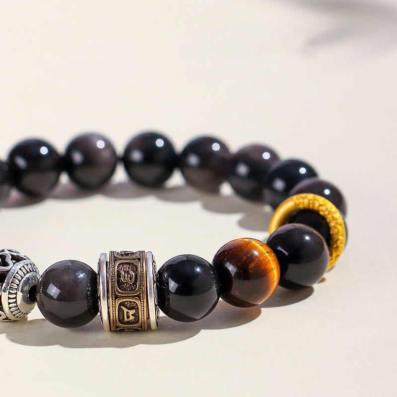 Fortune Jewel Silver Sheen Obsidian Tiger Eye Om Mani Padme Hum Protection Bracelet