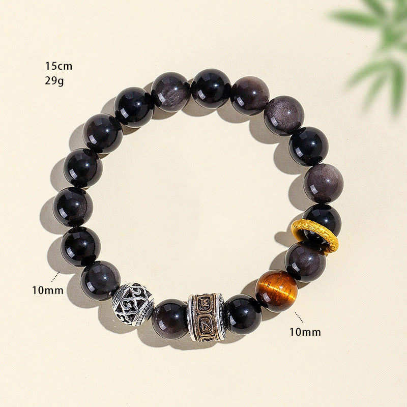 Fortune Jewel Silver Sheen Obsidian Tiger Eye Om Mani Padme Hum Protection Bracelet
