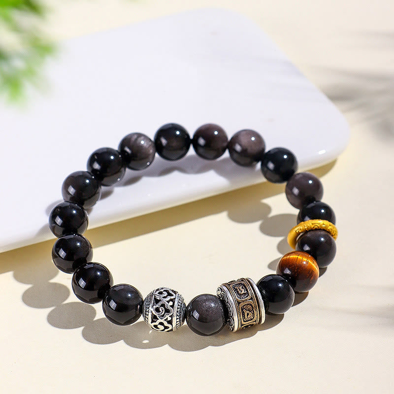 Fortune Jewel Silver Sheen Obsidian Tiger Eye Om Mani Padme Hum Protection Bracelet