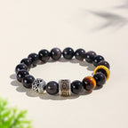 Fortune Jewel Silver Sheen Obsidian Tiger Eye Om Mani Padme Hum Protection Bracelet