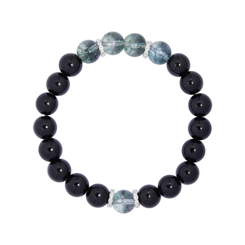 Fortune Jewel 925 Sterling Silver Black Obsidian Green Phantom Strength Bracelet