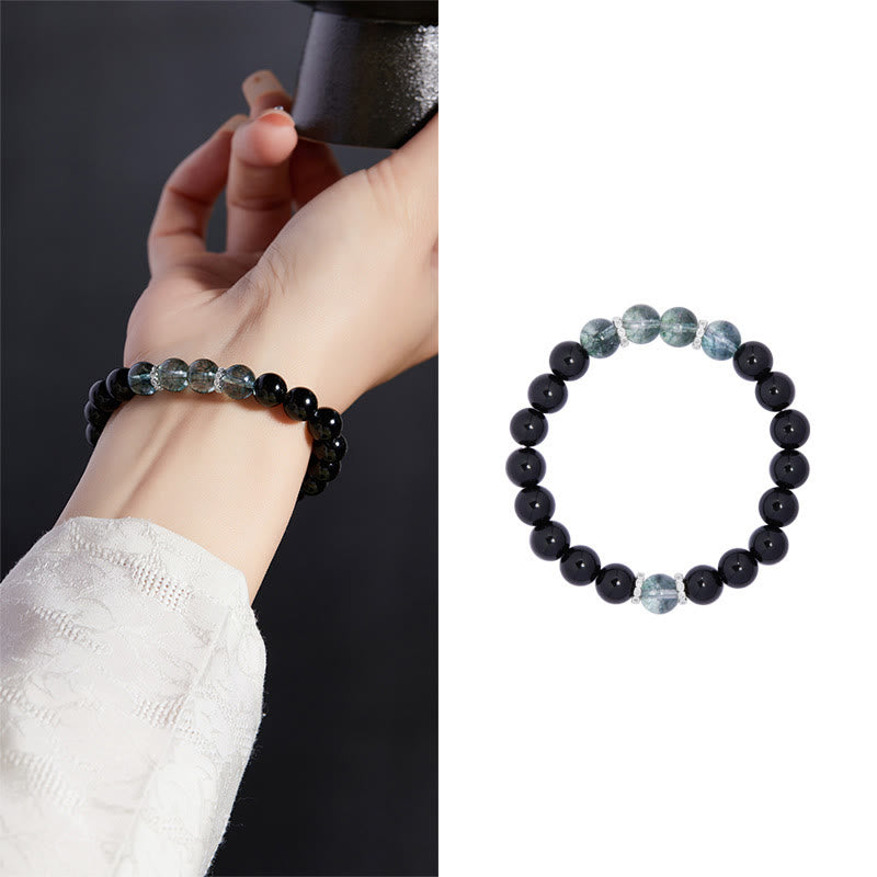 Fortune Jewel 925 Sterling Silver Black Obsidian Green Phantom Strength Bracelet
