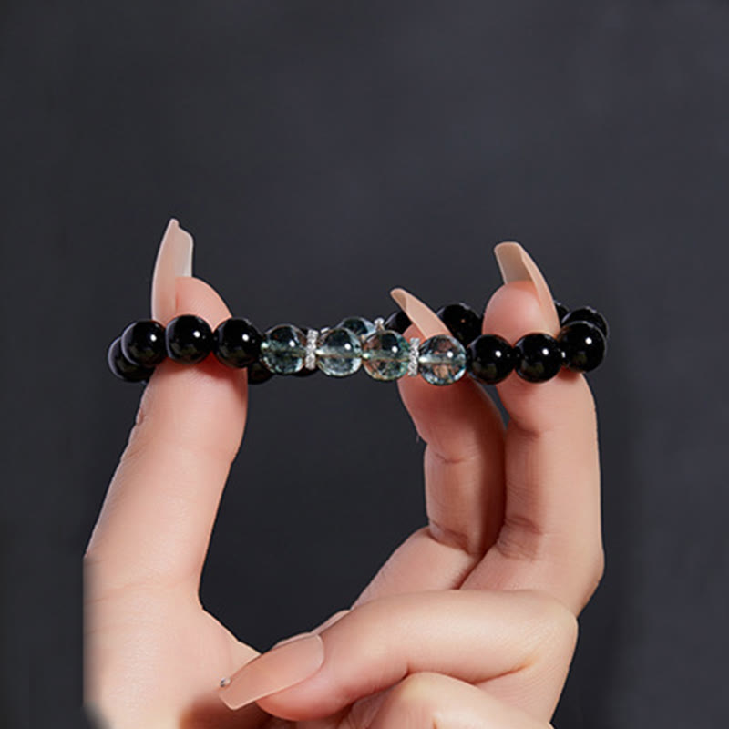 Fortune Jewel 925 Sterling Silver Black Obsidian Green Phantom Strength Bracelet