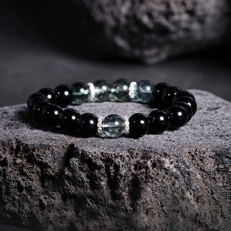 Fortune Jewel 925 Sterling Silver Black Obsidian Green Phantom Strength Bracelet