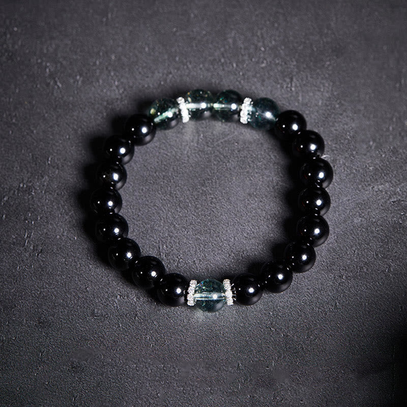 Fortune Jewel 925 Sterling Silver Black Obsidian Green Phantom Strength Bracelet