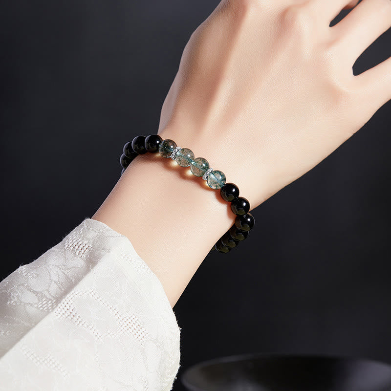 Fortune Jewel 925 Sterling Silver Black Obsidian Green Phantom Strength Bracelet