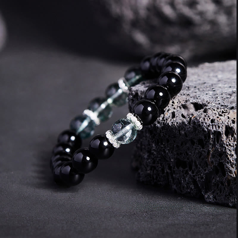 Fortune Jewel 925 Sterling Silver Black Obsidian Green Phantom Strength Bracelet