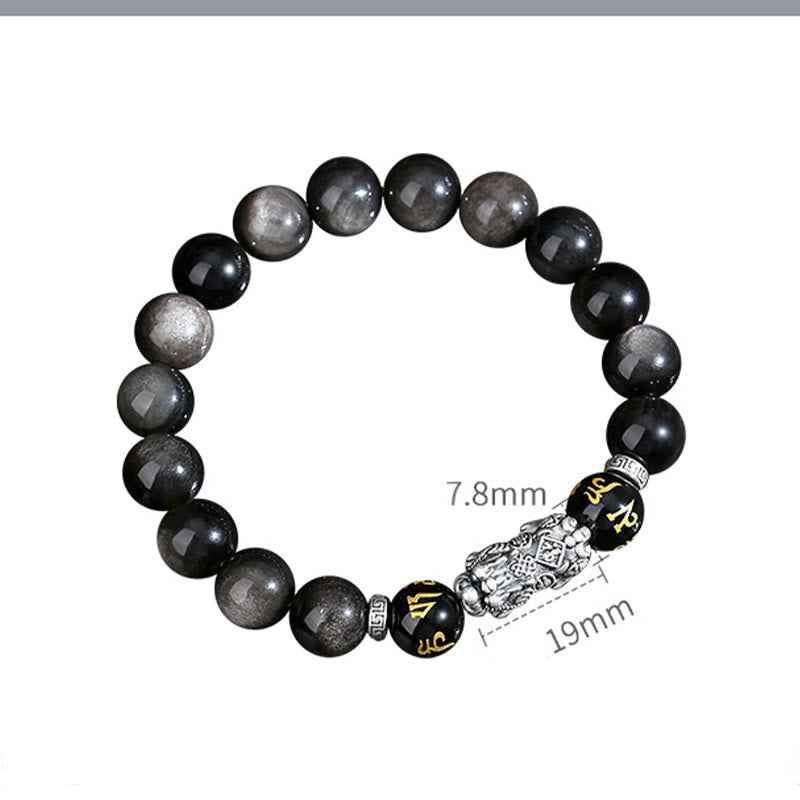 Fortune Jewel 999 Sterling Silver PiXiu Natural Black Obsidian Strength Bracelet