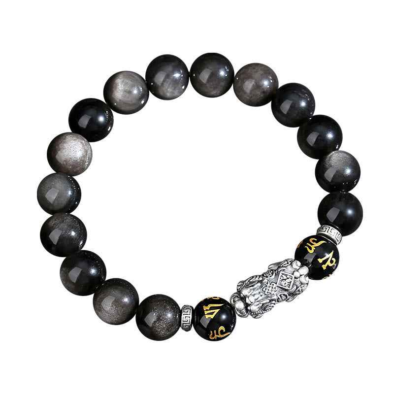 Fortune Jewel 999 Sterling Silver PiXiu Natural Black Obsidian Strength Bracelet
