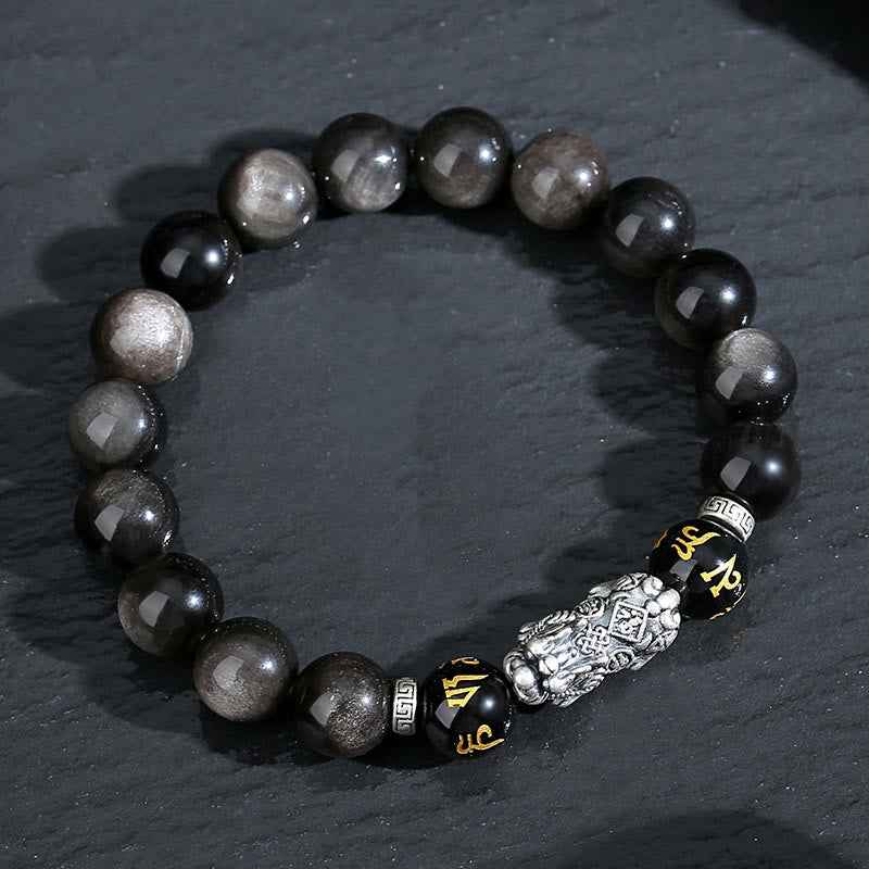 Fortune Jewel 999 Sterling Silver PiXiu Natural Black Obsidian Strength Bracelet