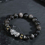 Fortune Jewel 999 Sterling Silver PiXiu Natural Black Obsidian Strength Bracelet