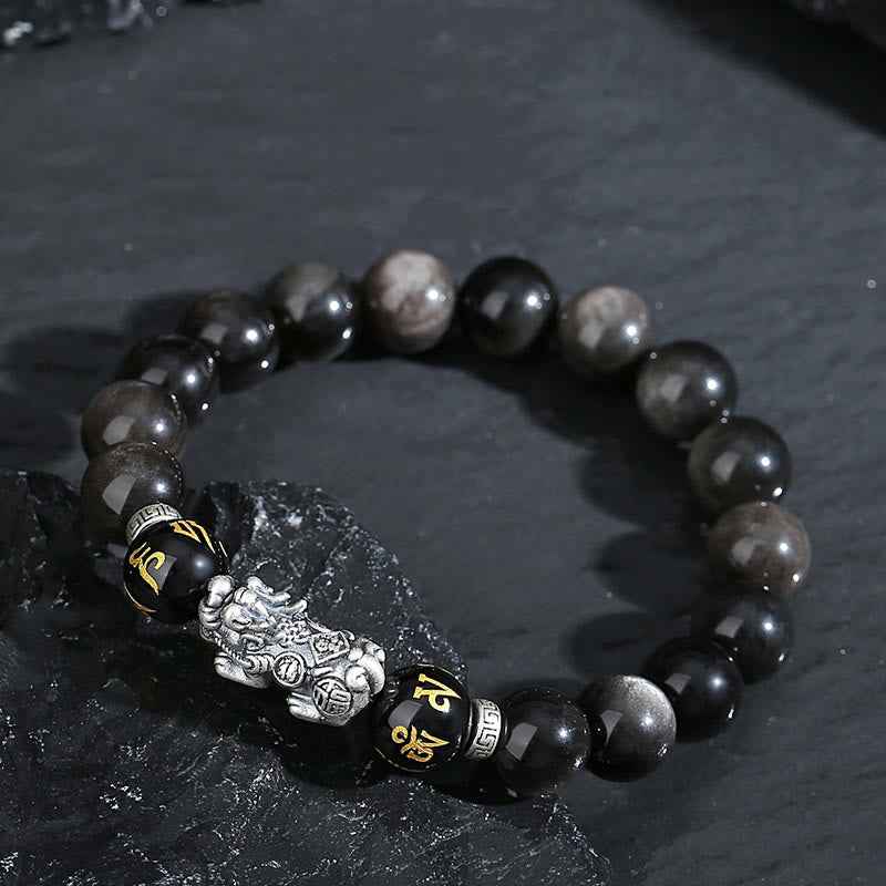 Fortune Jewel 999 Sterling Silver PiXiu Natural Black Obsidian Strength Bracelet