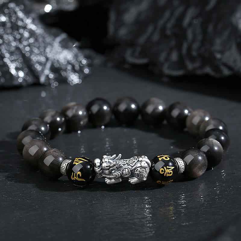 Fortune Jewel 999 Sterling Silver PiXiu Natural Black Obsidian Strength Bracelet
