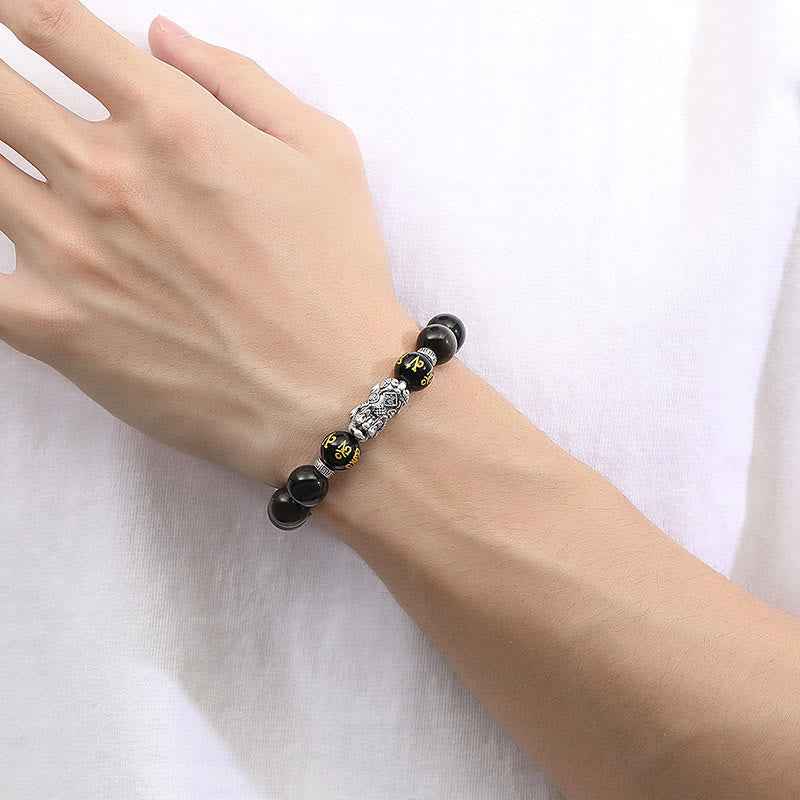 Fortune Jewel 999 Sterling Silver PiXiu Natural Black Obsidian Strength Bracelet