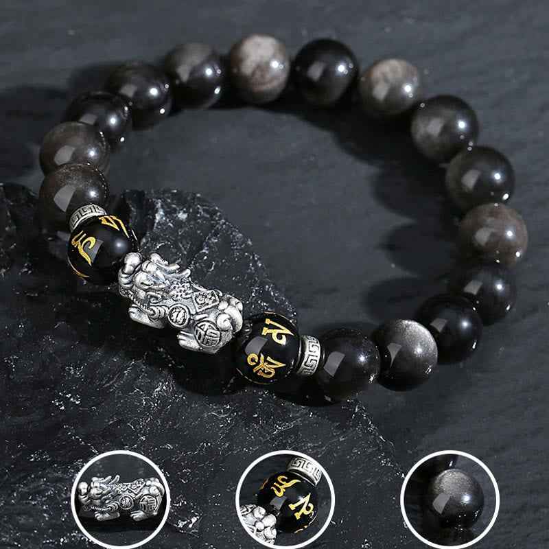 Fortune Jewel 999 Sterling Silver PiXiu Natural Black Obsidian Strength Bracelet