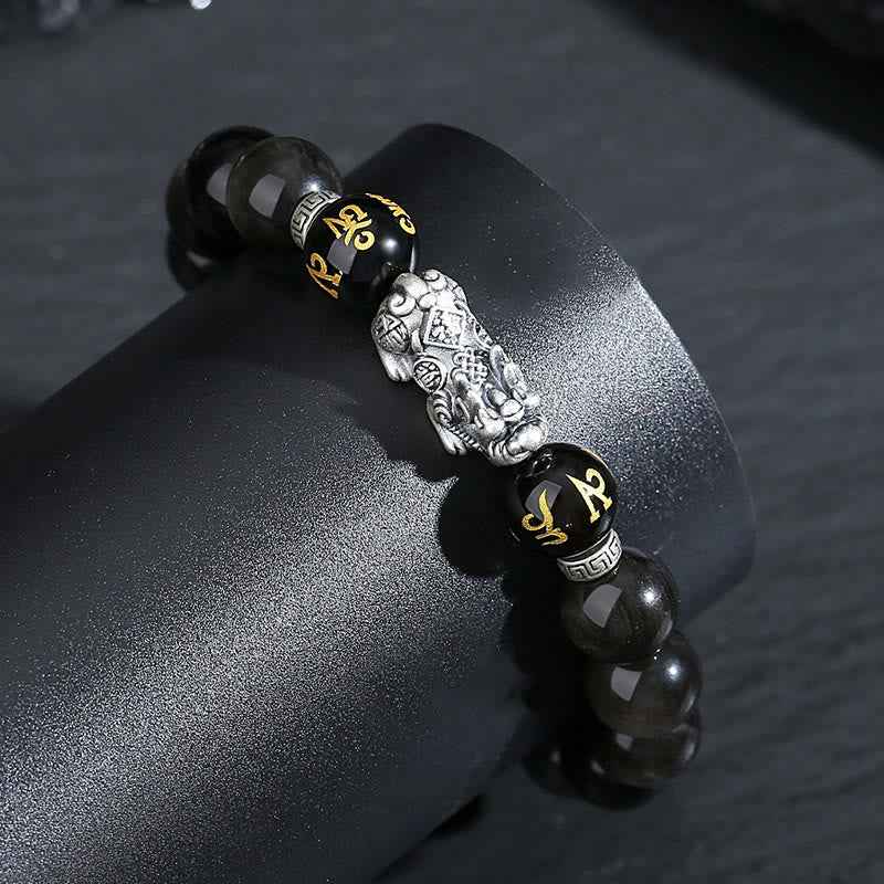 Fortune Jewel 999 Sterling Silver PiXiu Natural Black Obsidian Strength Bracelet