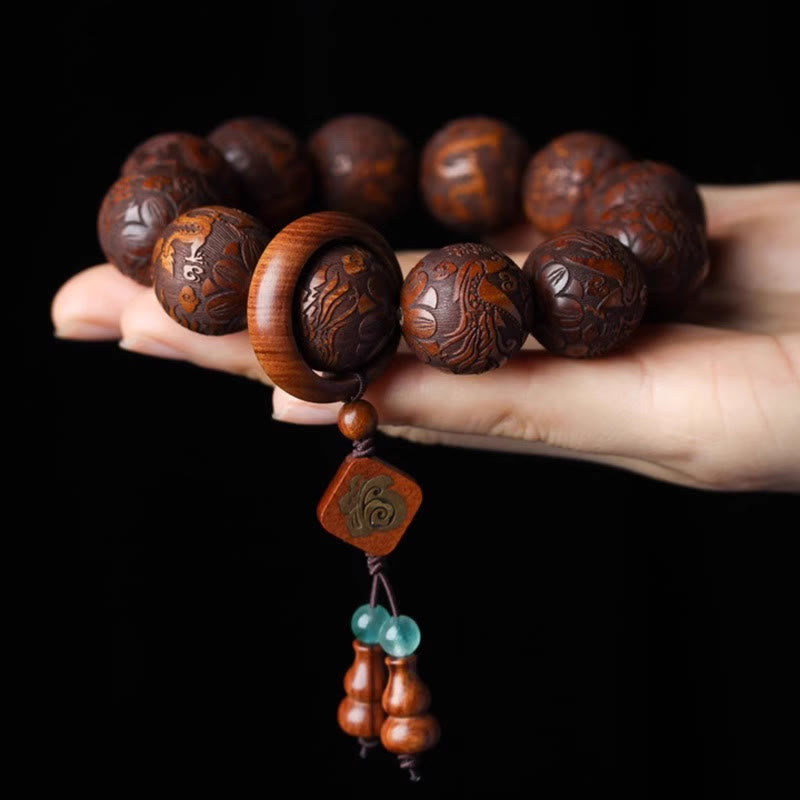Fortune Jewel Natural Carving Dragon And Phoenix Fu Character Gourd Rosewood Beads  Warmth Bracelet