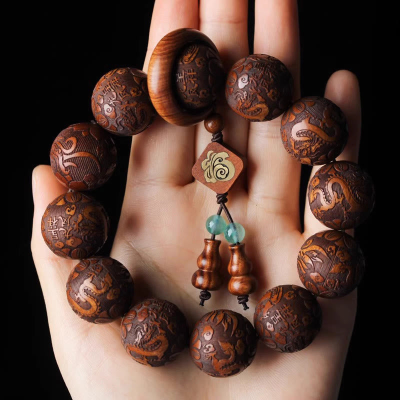 Fortune Jewel Natural Carving Dragon And Phoenix Fu Character Gourd Rosewood Beads  Warmth Bracelet