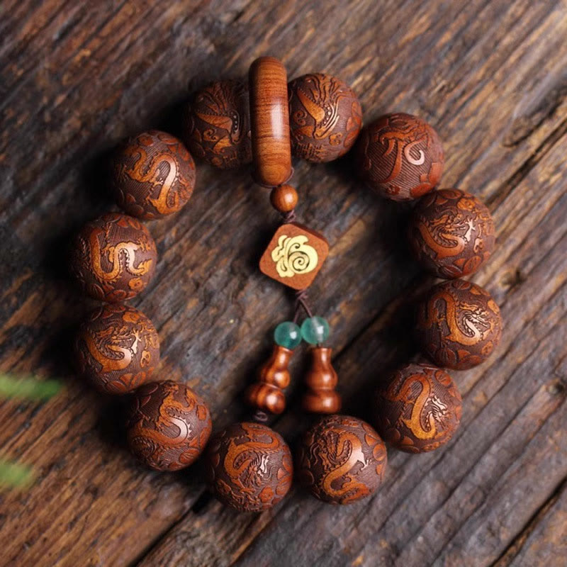Fortune Jewel Natural Carving Dragon And Phoenix Fu Character Gourd Rosewood Beads  Warmth Bracelet