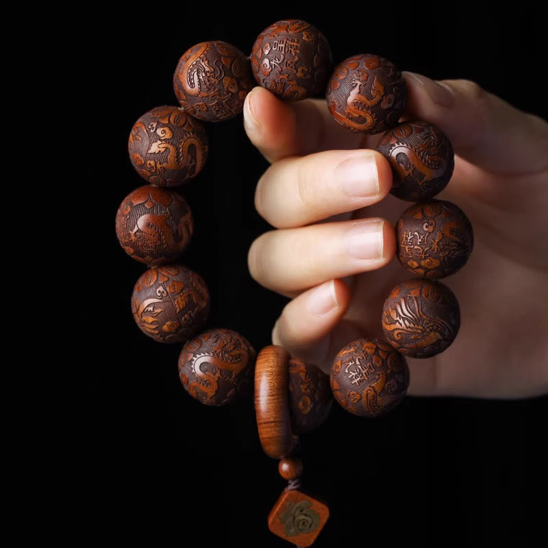 Fortune Jewel Natural Carving Dragon And Phoenix Fu Character Gourd Rosewood Beads  Warmth Bracelet