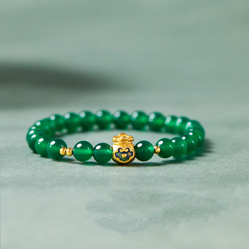 Fortune Jewel 999 Sterling Silver Lucky Bag Green Chalcedony Calm Bracelet