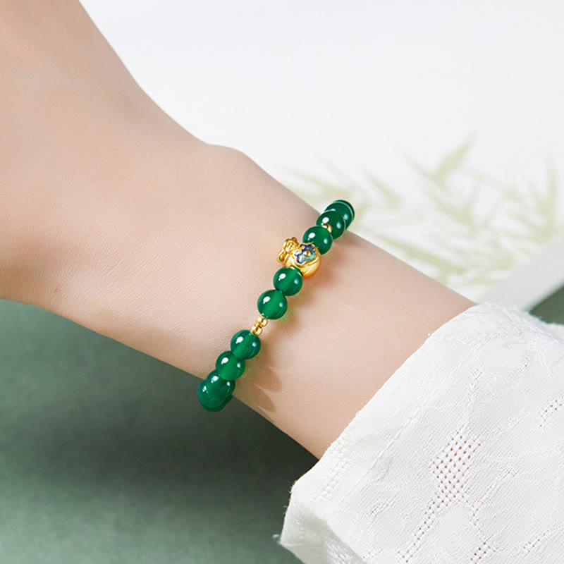 Fortune Jewel 999 Sterling Silver Lucky Bag Green Chalcedony Calm Bracelet