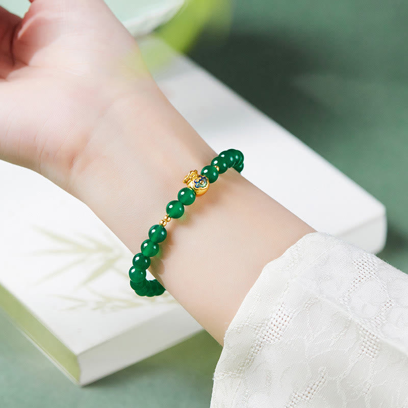 Fortune Jewel 999 Sterling Silver Lucky Bag Green Chalcedony Calm Bracelet