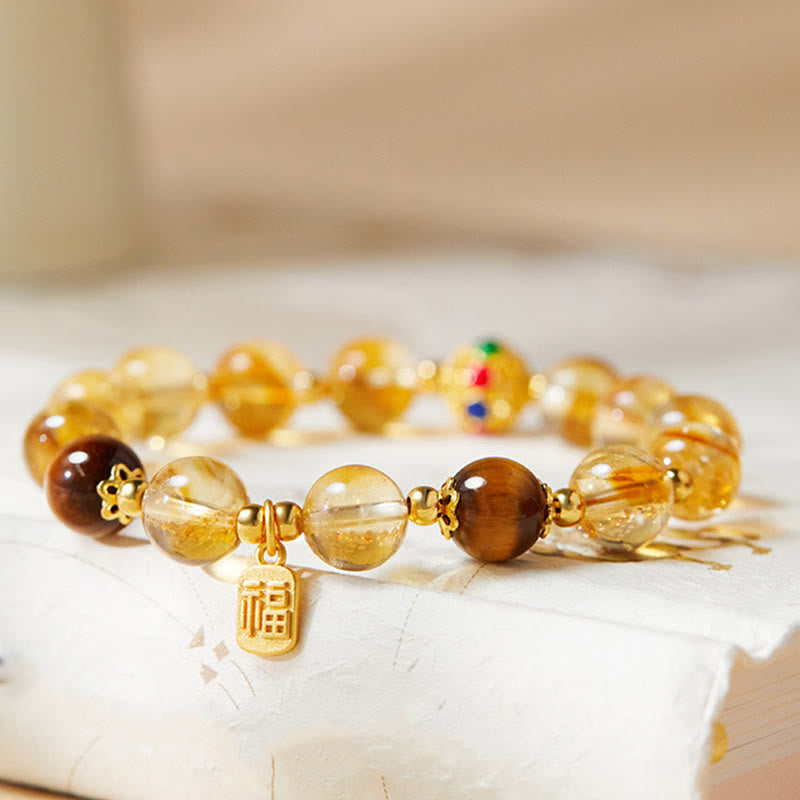 Fortune Jewel 925 Sterling Silver Fu Character Citrine Tiger Eye Protection Bracelet