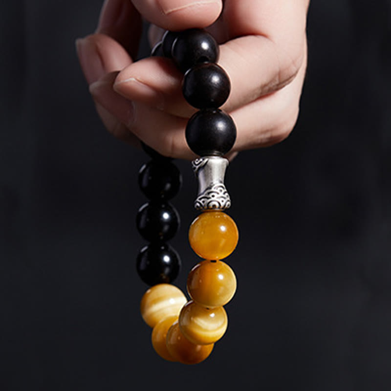Fortune Jewel 999 Sterling Silver Ebony Tiger Eye Black Obsidian Relax Bracelet