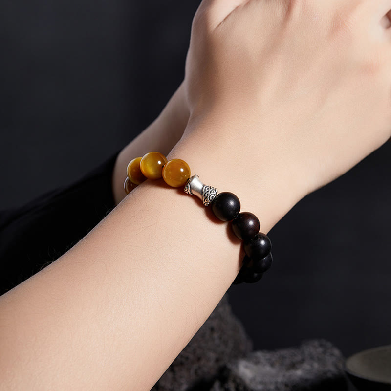 Fortune Jewel 999 Sterling Silver Ebony Tiger Eye Black Obsidian Relax Bracelet