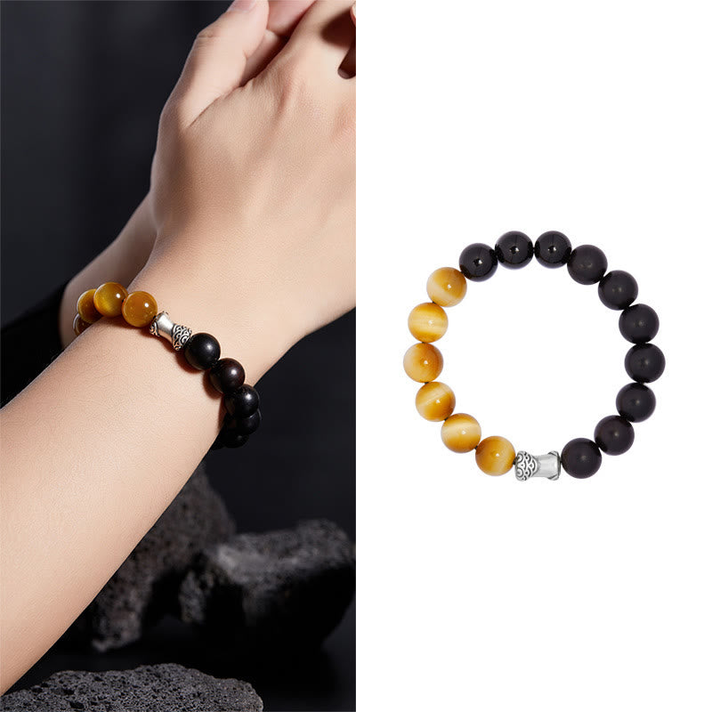 Fortune Jewel 999 Sterling Silver Ebony Tiger Eye Black Obsidian Relax Bracelet