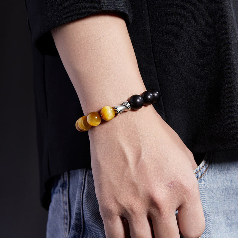 Fortune Jewel 999 Sterling Silver Ebony Tiger Eye Black Obsidian Relax Bracelet