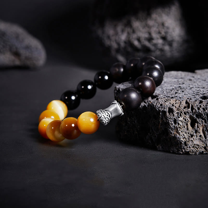 Fortune Jewel 999 Sterling Silver Ebony Tiger Eye Black Obsidian Relax Bracelet