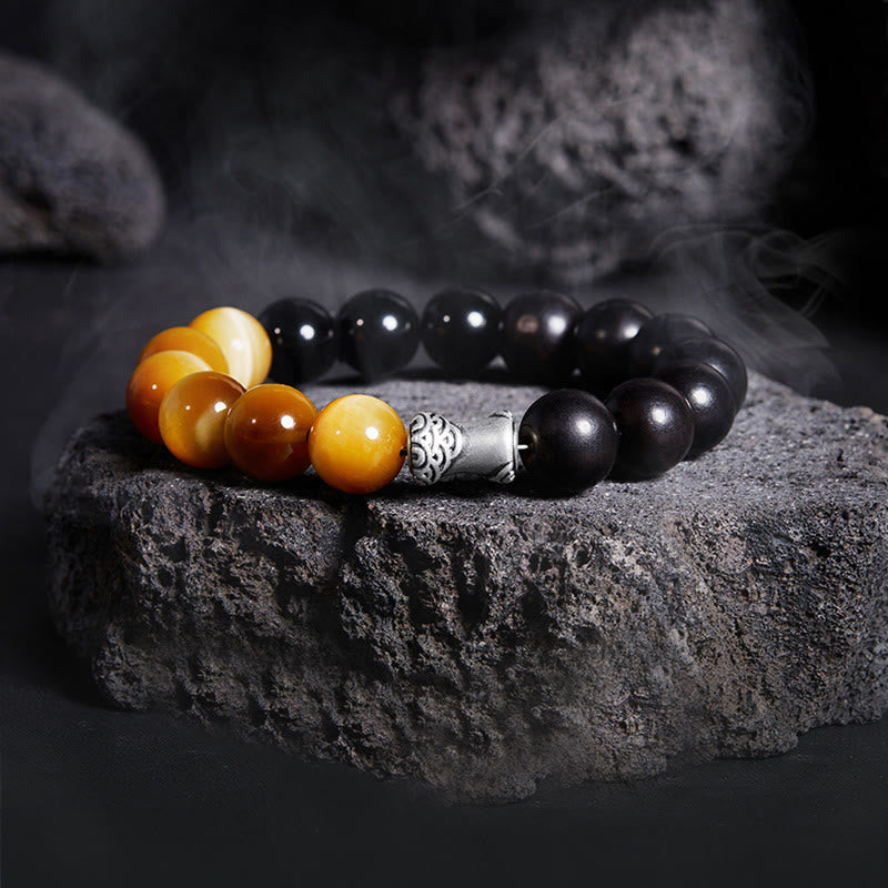 Fortune Jewel 999 Sterling Silver Ebony Tiger Eye Black Obsidian Relax Bracelet