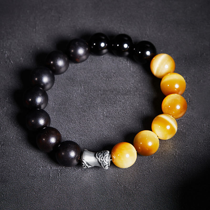 Fortune Jewel 999 Sterling Silver Ebony Tiger Eye Black Obsidian Relax Bracelet