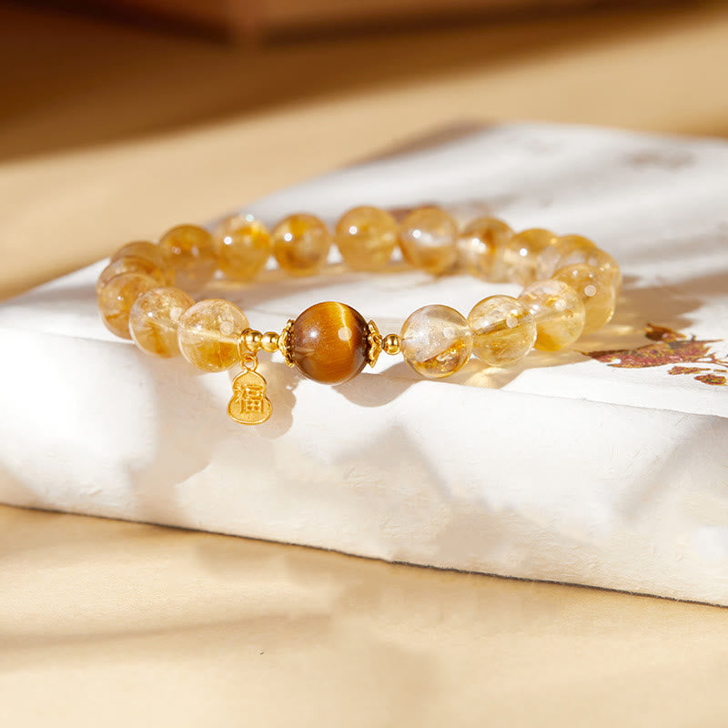 Fortune Jewel 925 Sterling Silver Gourd Fu Character Citrine Tiger Eye Prosperity Bracelet
