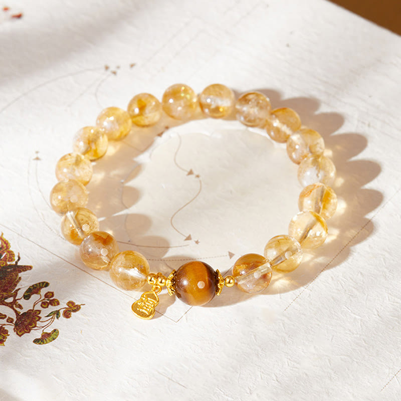 Fortune Jewel 925 Sterling Silver Gourd Fu Character Citrine Tiger Eye Prosperity Bracelet