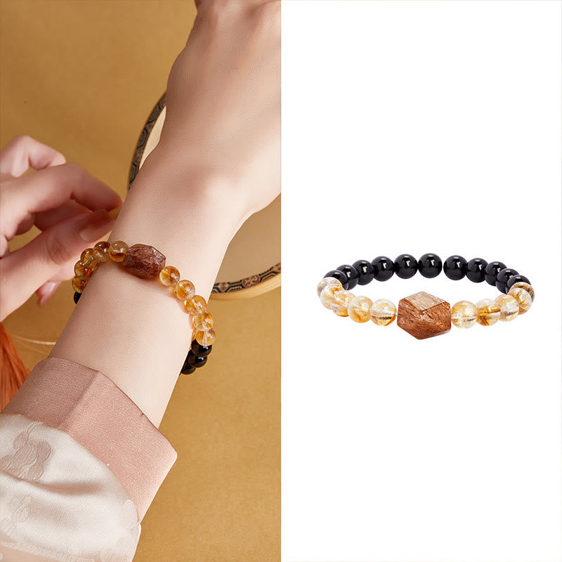 Fortune Jewel Natural Black Obsidian Citrine Super Seven Crystal Strength Bracelet
