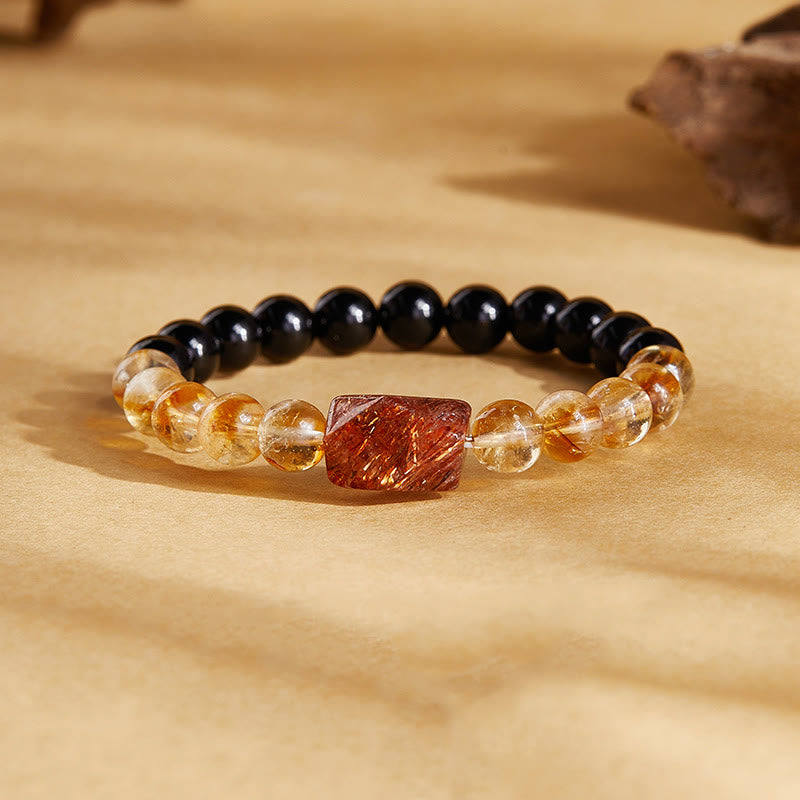 Fortune Jewel Natural Black Obsidian Citrine Super Seven Crystal Strength Bracelet