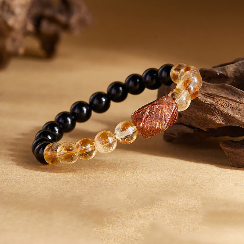 Fortune Jewel Natural Black Obsidian Citrine Super Seven Crystal Strength Bracelet