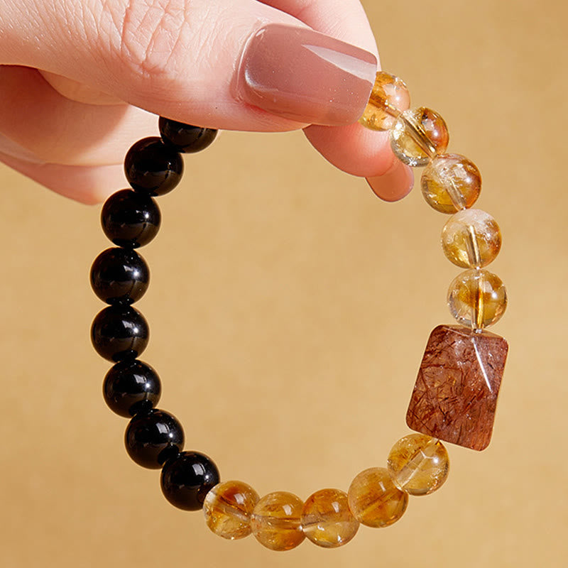 Fortune Jewel Natural Black Obsidian Citrine Super Seven Crystal Strength Bracelet