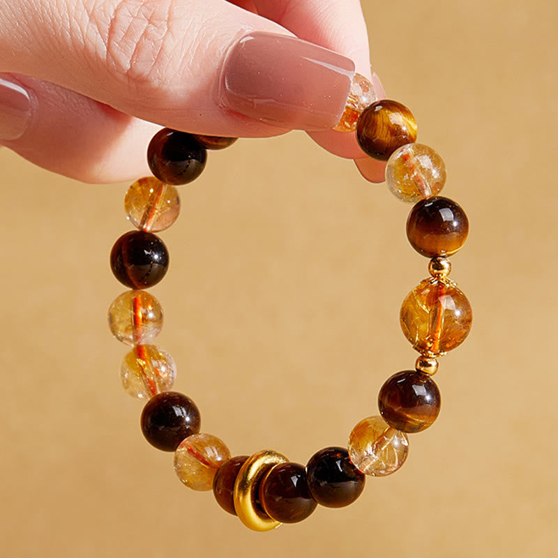 Fortune Jewel 999 Sterling Silver Natural Citrine Tiger Eye Peace Buckle Protection Bracelet