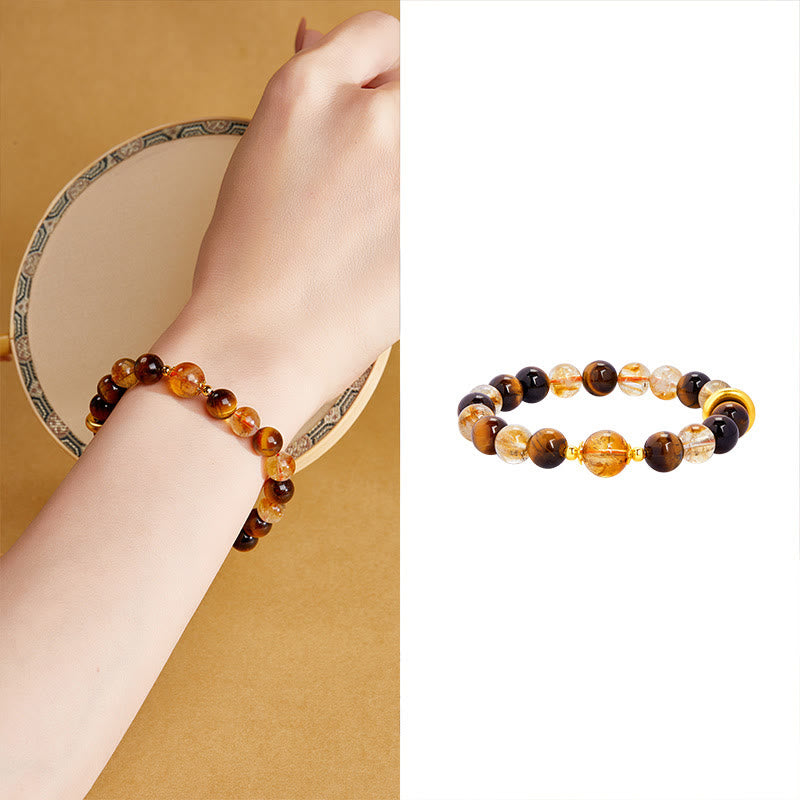 Fortune Jewel 999 Sterling Silver Natural Citrine Tiger Eye Peace Buckle Protection Bracelet