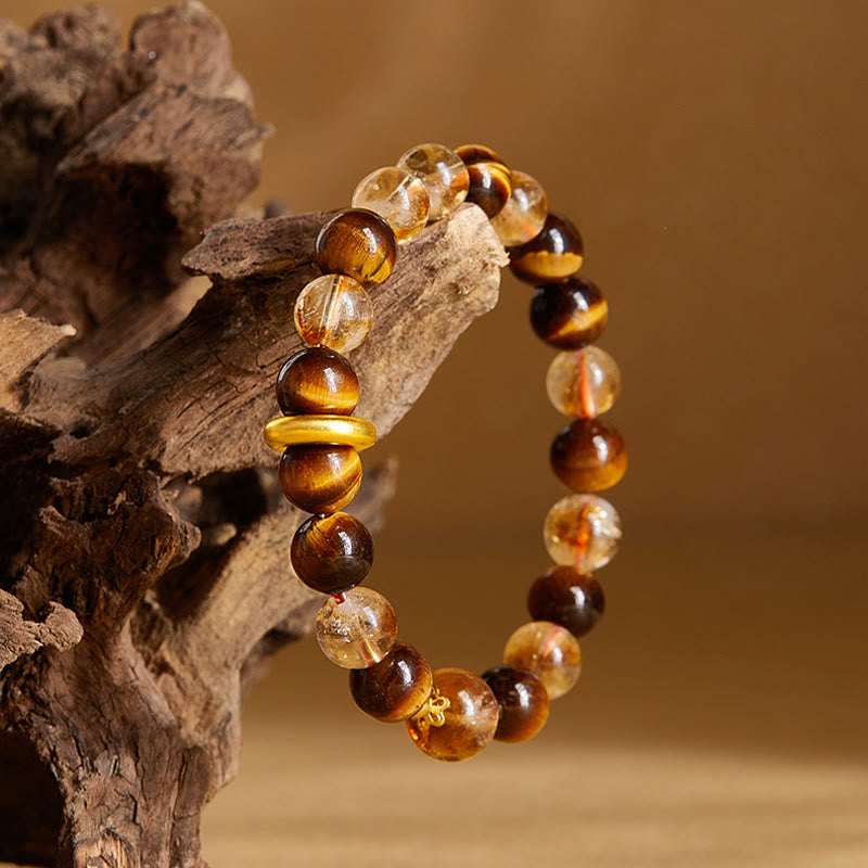 Fortune Jewel 999 Sterling Silver Natural Citrine Tiger Eye Peace Buckle Protection Bracelet