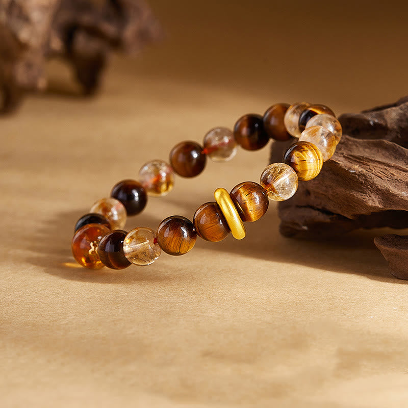 Fortune Jewel 999 Sterling Silver Natural Citrine Tiger Eye Peace Buckle Protection Bracelet