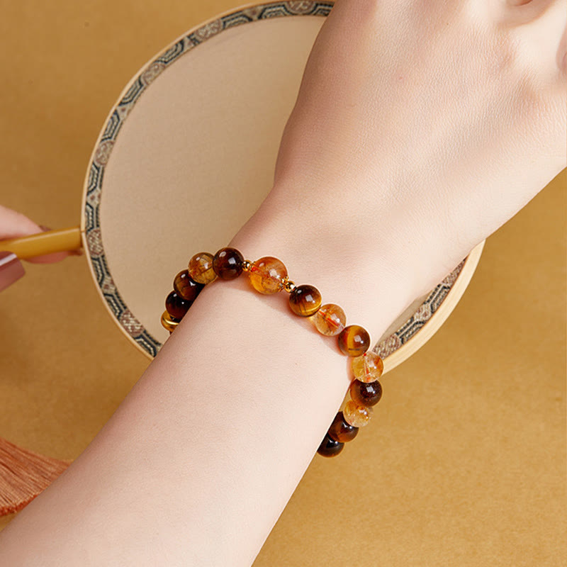 Fortune Jewel 999 Sterling Silver Natural Citrine Tiger Eye Peace Buckle Protection Bracelet