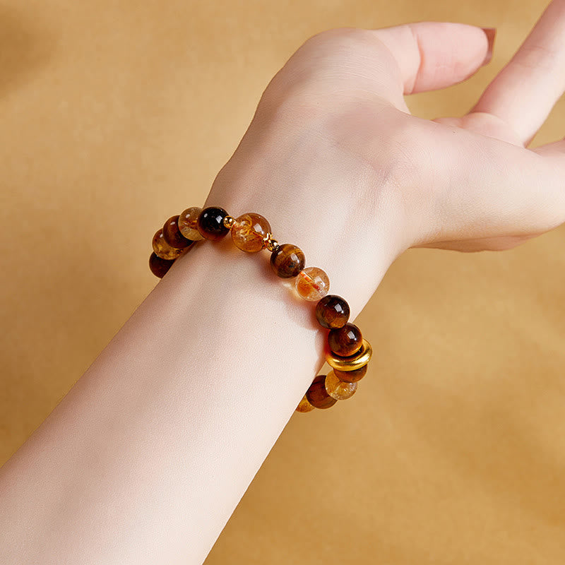 Fortune Jewel 999 Sterling Silver Natural Citrine Tiger Eye Peace Buckle Protection Bracelet